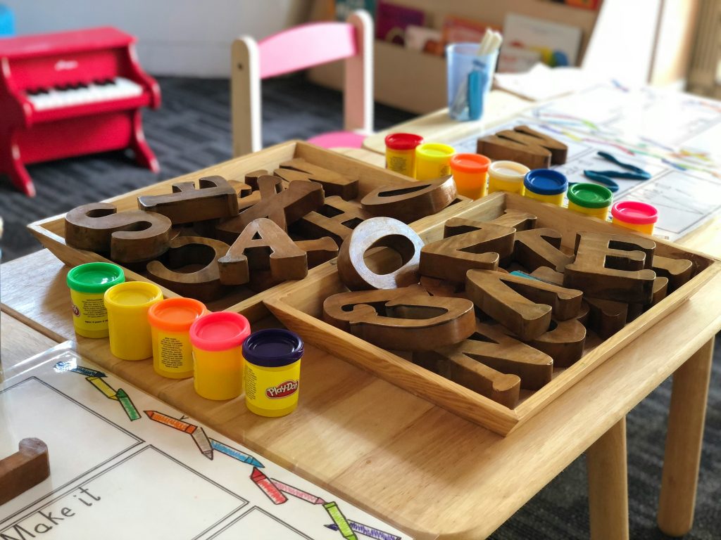 child care center with blocks and supplies